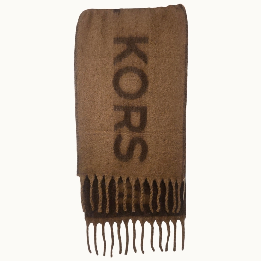 NWT Michael Kors Logo Scarf Camel Brown Wool Blend Fringe NWT